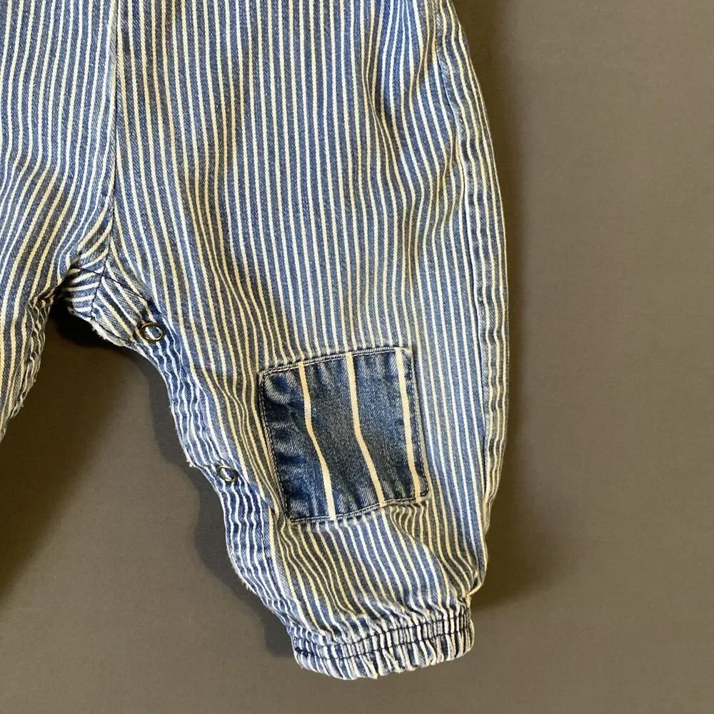 OshKosh B'gosh Denim Overalls 12M Hickory Stripe Red Tag Denim Patch Knees Baby